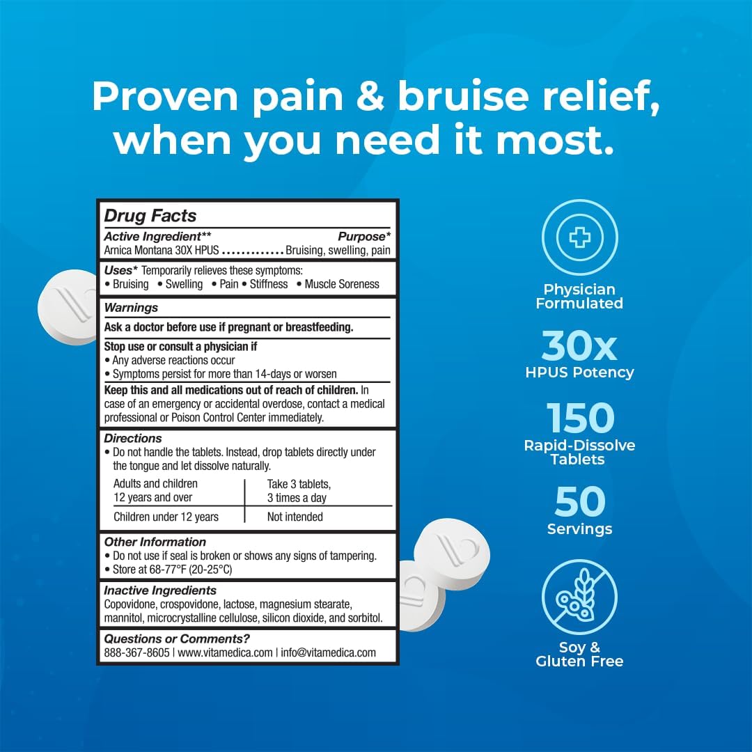 VitaMedica Arnica Montana 30X Rapid Dissolve Arnica Tablets for Natural Pain, Bruising, and Swelling Support 24Hr Smart